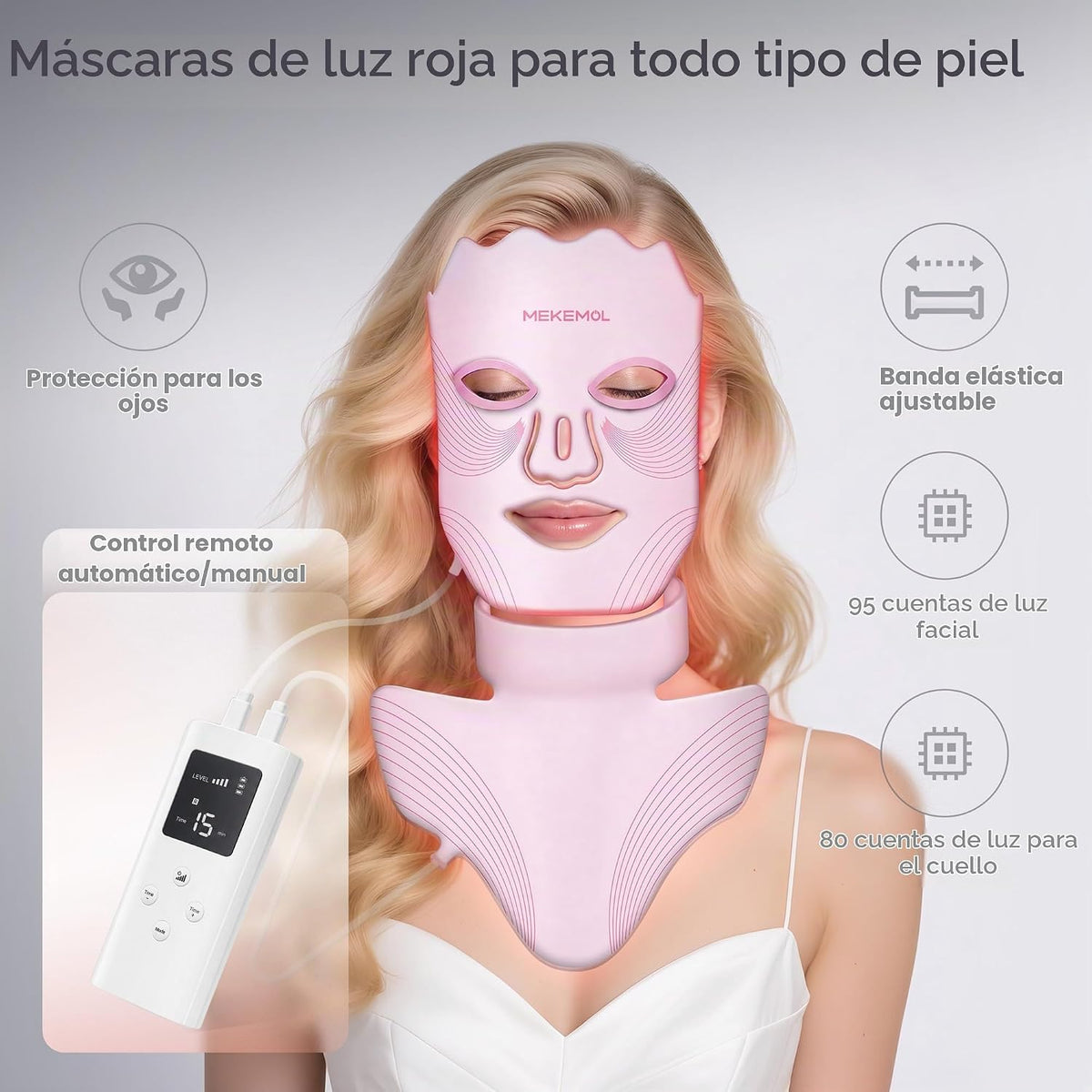MEKEMOL Máscara de luz roja para cara y cuello con protección ocula...