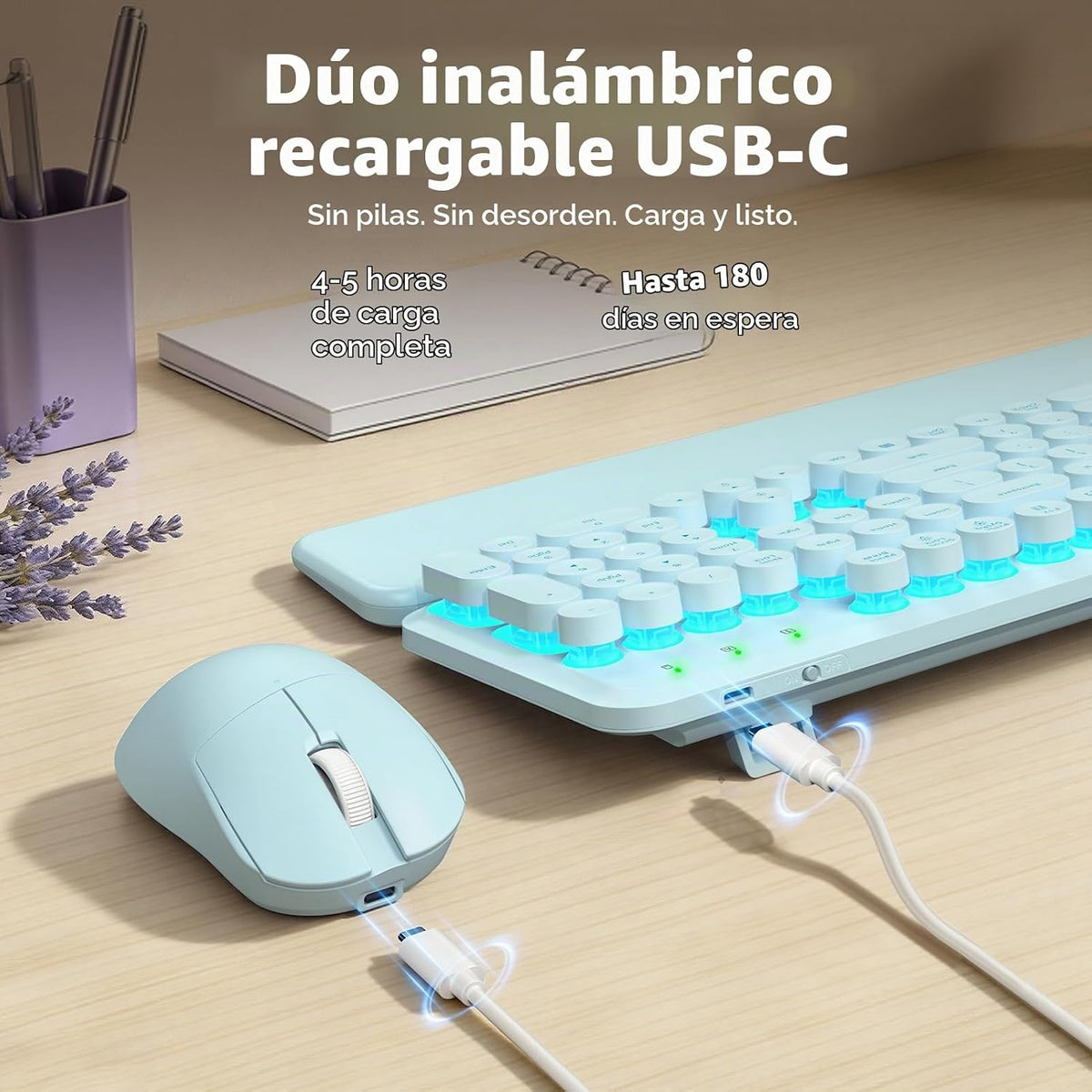 Combo de teclado y mouse inalámbricos, teclas redondas retroilumina...