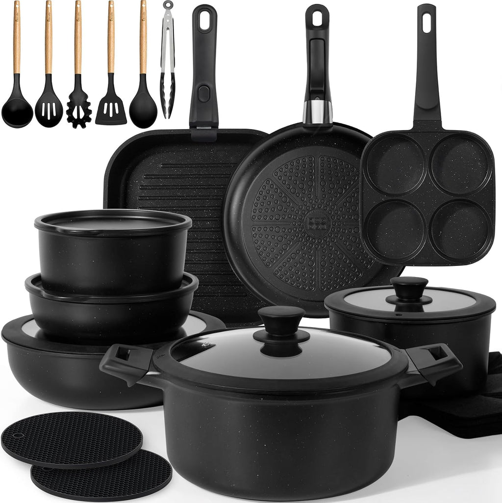KIKCOIN Juego de ollas y sartenes, juego de 30 utensilios de cocina...