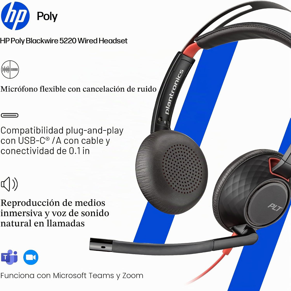 Poly Blackwire 5220 - Auriculares con cable - Micrófono flexible -...