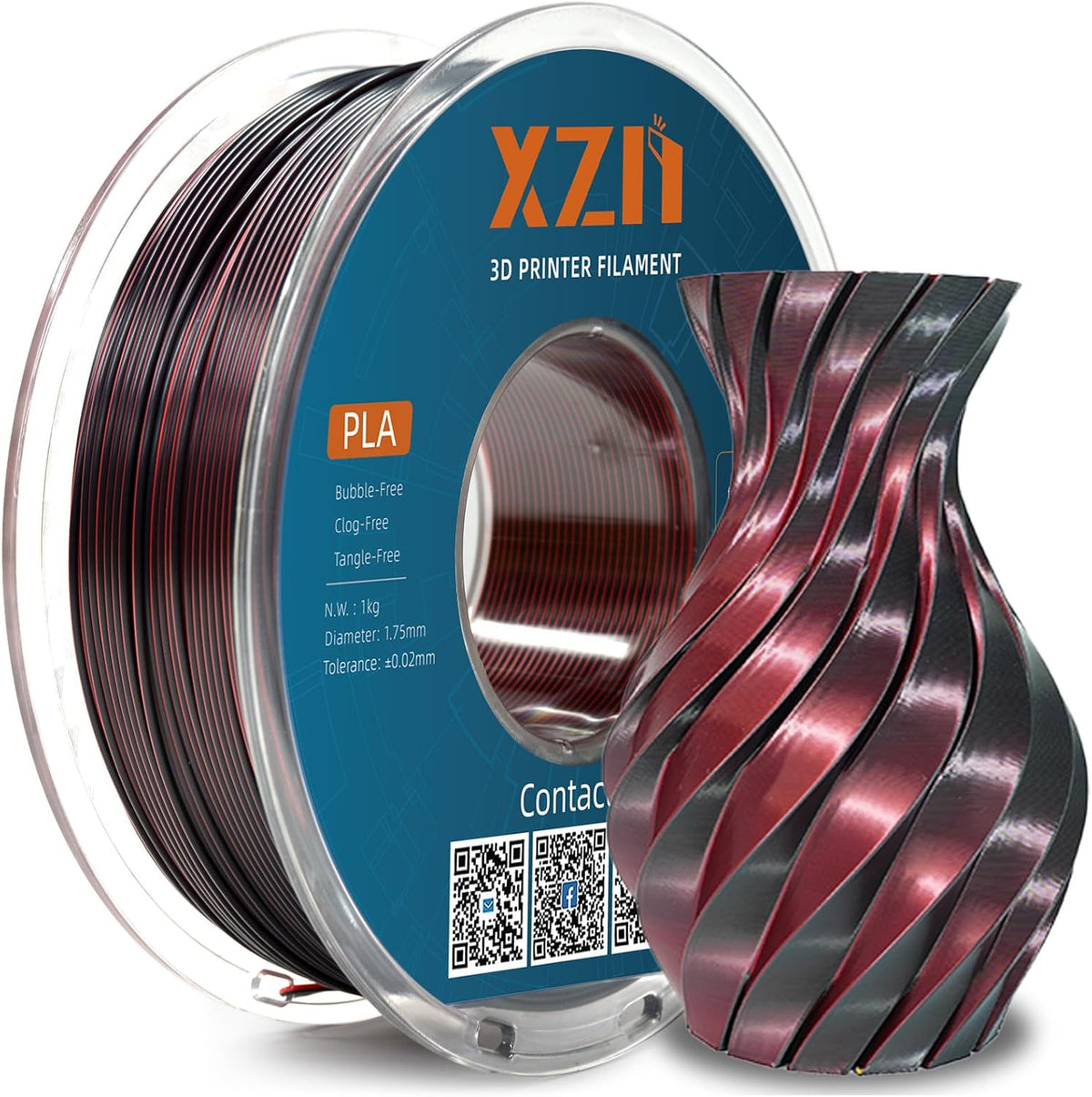 XZN - Filamento PLA de Seda 1.75mm de Doble Color Negro Rojo 1KG, F...