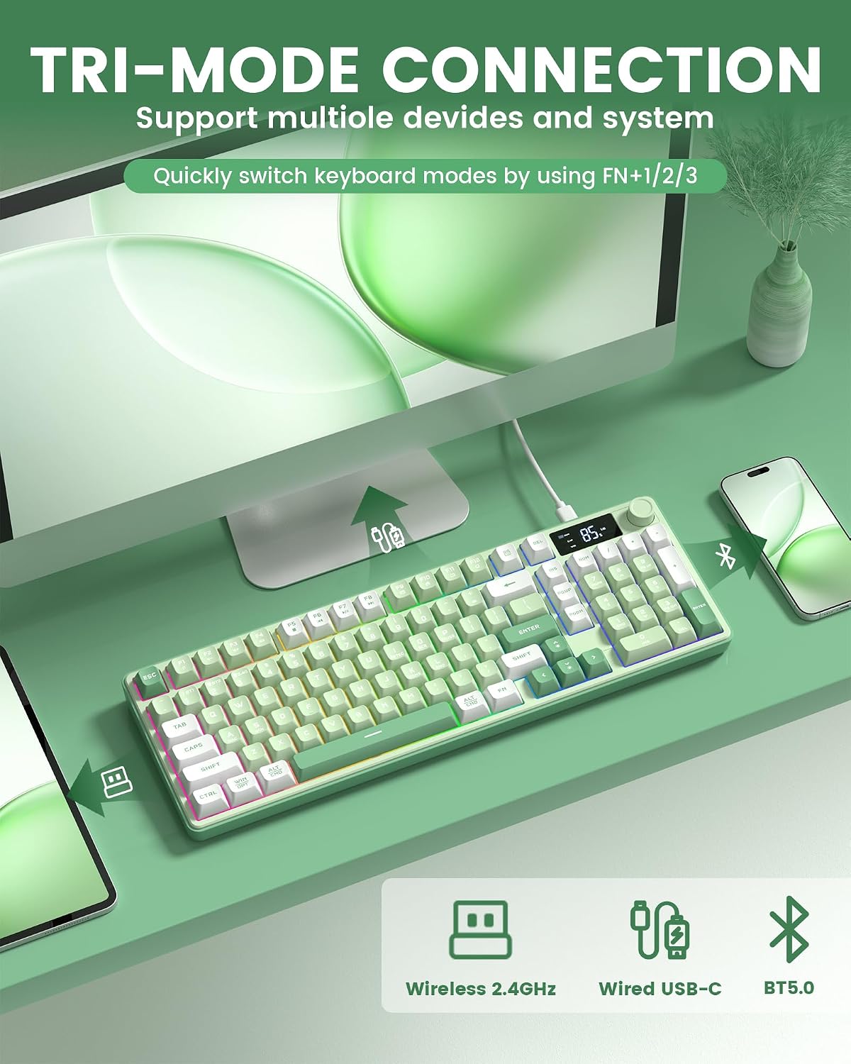 Keymatic Teclado para juegos Teclado cremoso inalámbrico con perill...