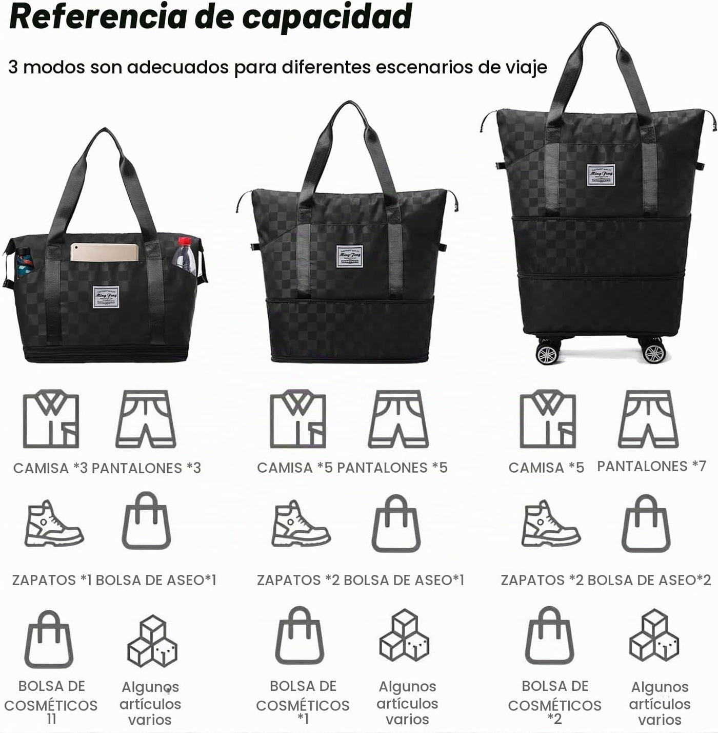 Maletas tipo bolsa de viaje plegables expandibles, ruedas giratoria...