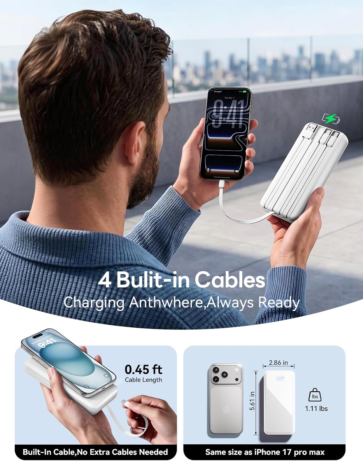 Cargador portátil 50000mAh, 4 cables incorporados,Banco de energía...
