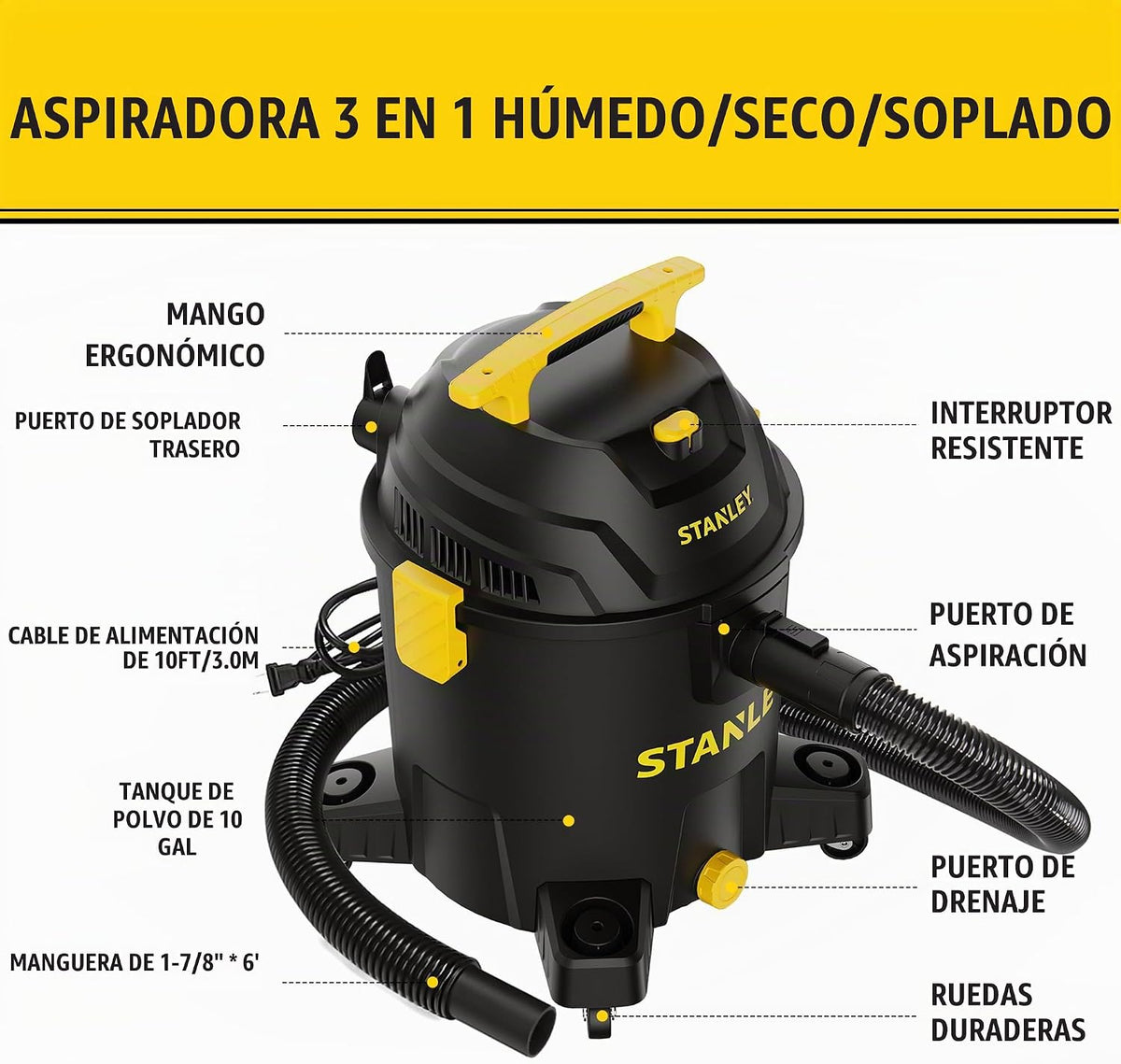 STANLEY SL18701P-10A Aspiradora húmeda\/seca, 10 Galones 6.0 con pi...