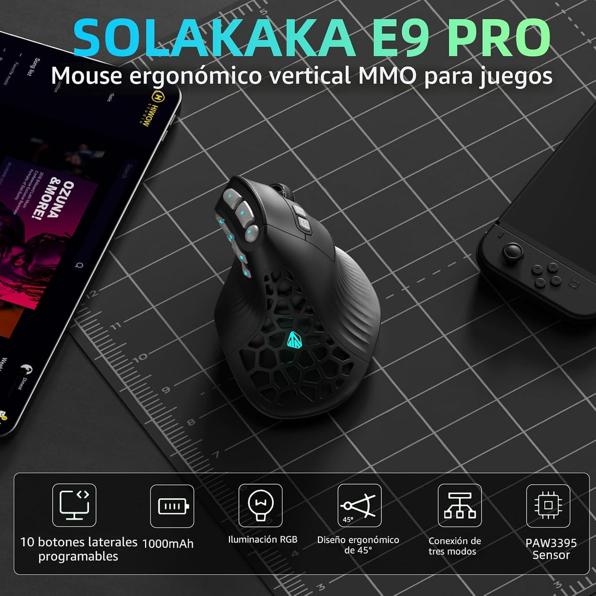 SOLAKAKA E9 PRO - Mouse vertical MMO para juegos con dongle 8K, sen...