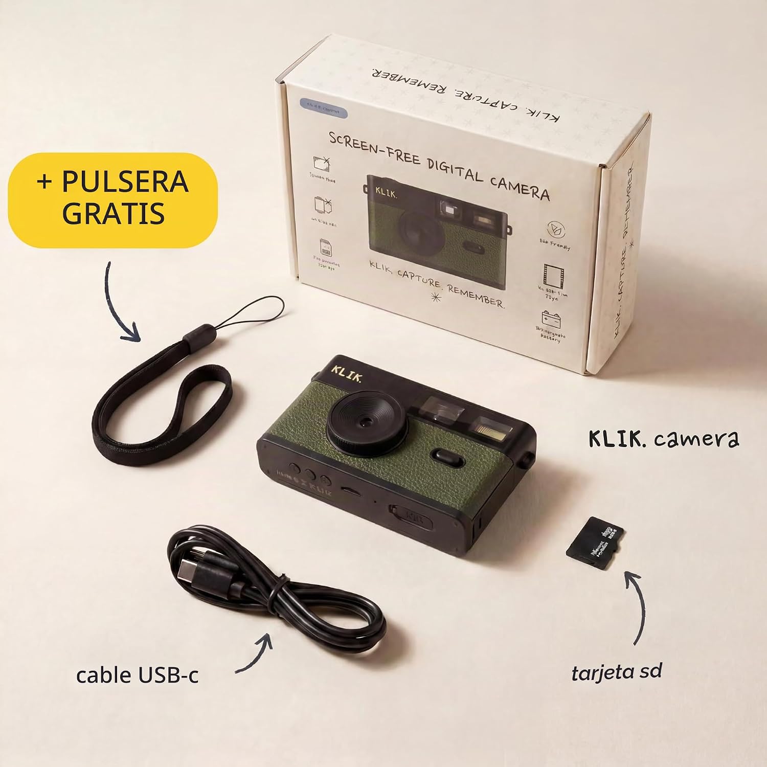 Cámara digital sin pantalla Klik | Mantente presente y captura foto...