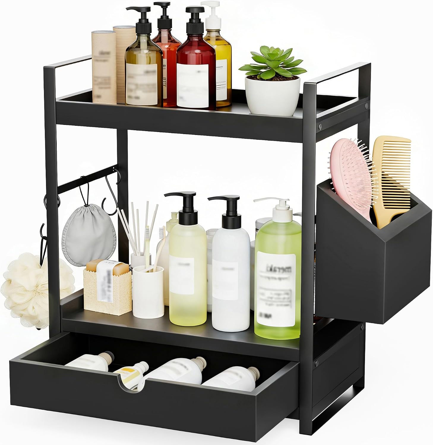 Kottwca Organizador de mostrador de baño de 2 niveles con cajón, ce...