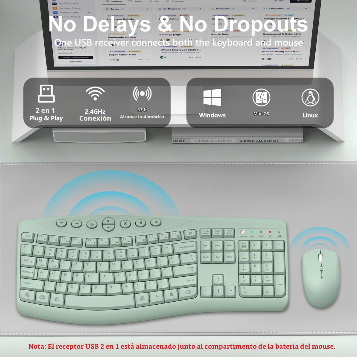 Combo de teclado y mouse inalámbricos, teclas curvas ergonómicas si...