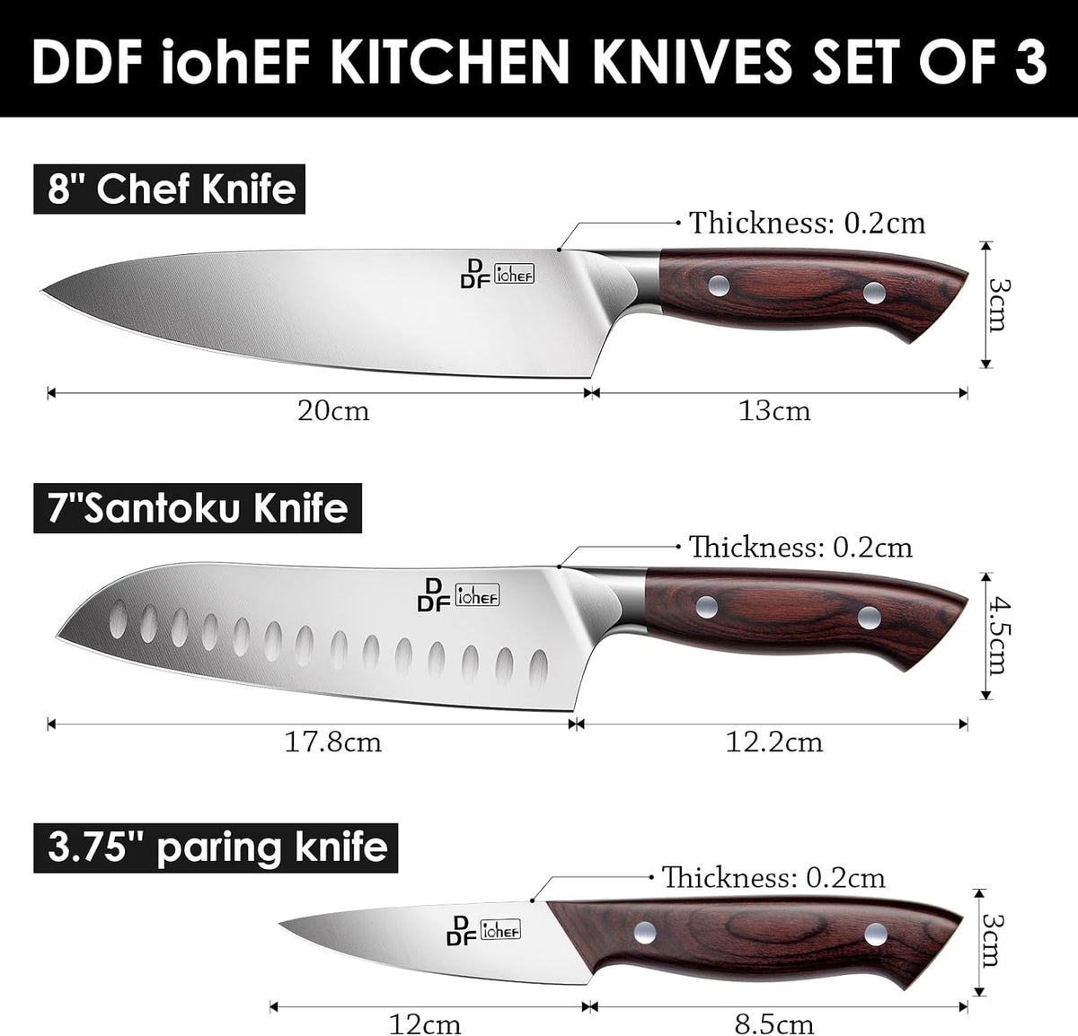 DDF iohEF Juego de cuchillos de cocina afilados de 3 piezas, juego...