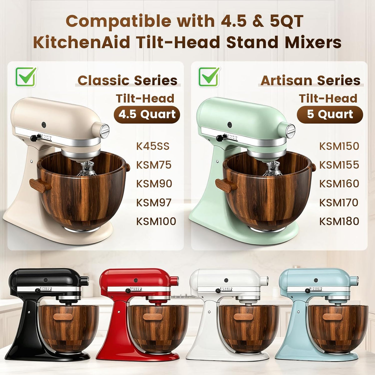 Tazón de madera con mango, para mezclador KitchenAid de 4.5-5 cuart...