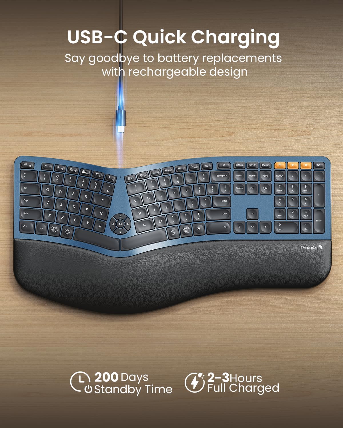 ProtoArc Teclado ergonómico inalámbrico retroiluminado de tamaño co...