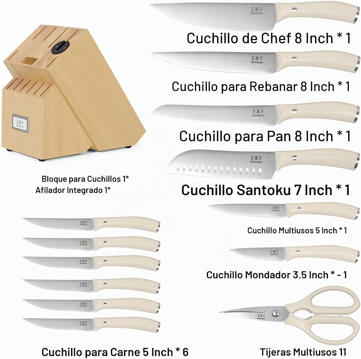 WANGMAZI Juego de 15 cuchillos de acero inoxidable japonés de alto...