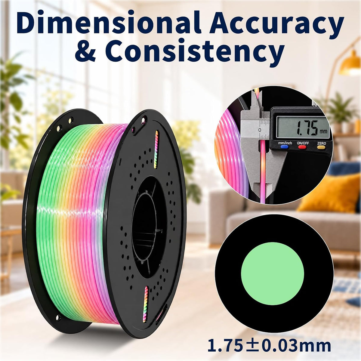 Filamento de impresora 3D Candy Silk Rainbow PLA+ de 0.07 in, 2.2 l...
