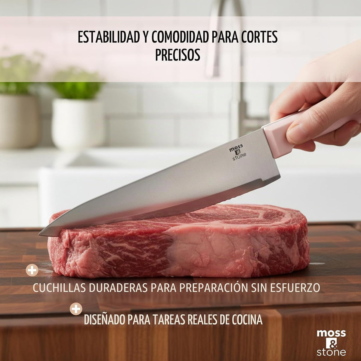 Moss &amp; Stone Pink - Juego de cuchillos de cocina de 14 piezas c...