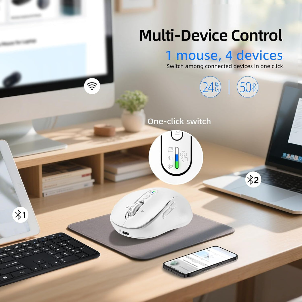 Ratón inalámbrico Bluetooth recargable, USB+BT×2, silencioso, ergon...