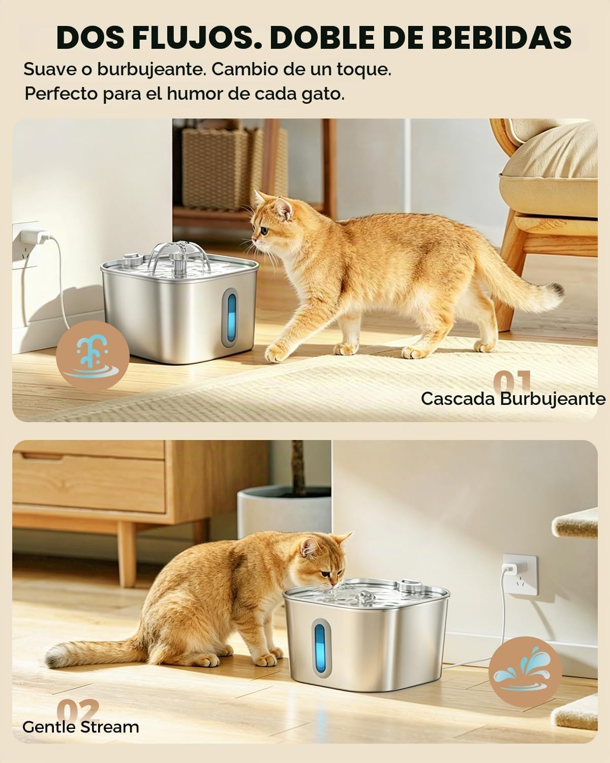 Fuente de agua para gatos de acero inoxidable de 74 oz\/2,2 L con 6...