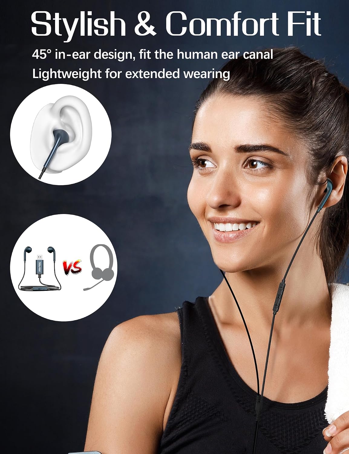SOLMIMI Auriculares USB con micrófono + cable de extensión USB, aur...