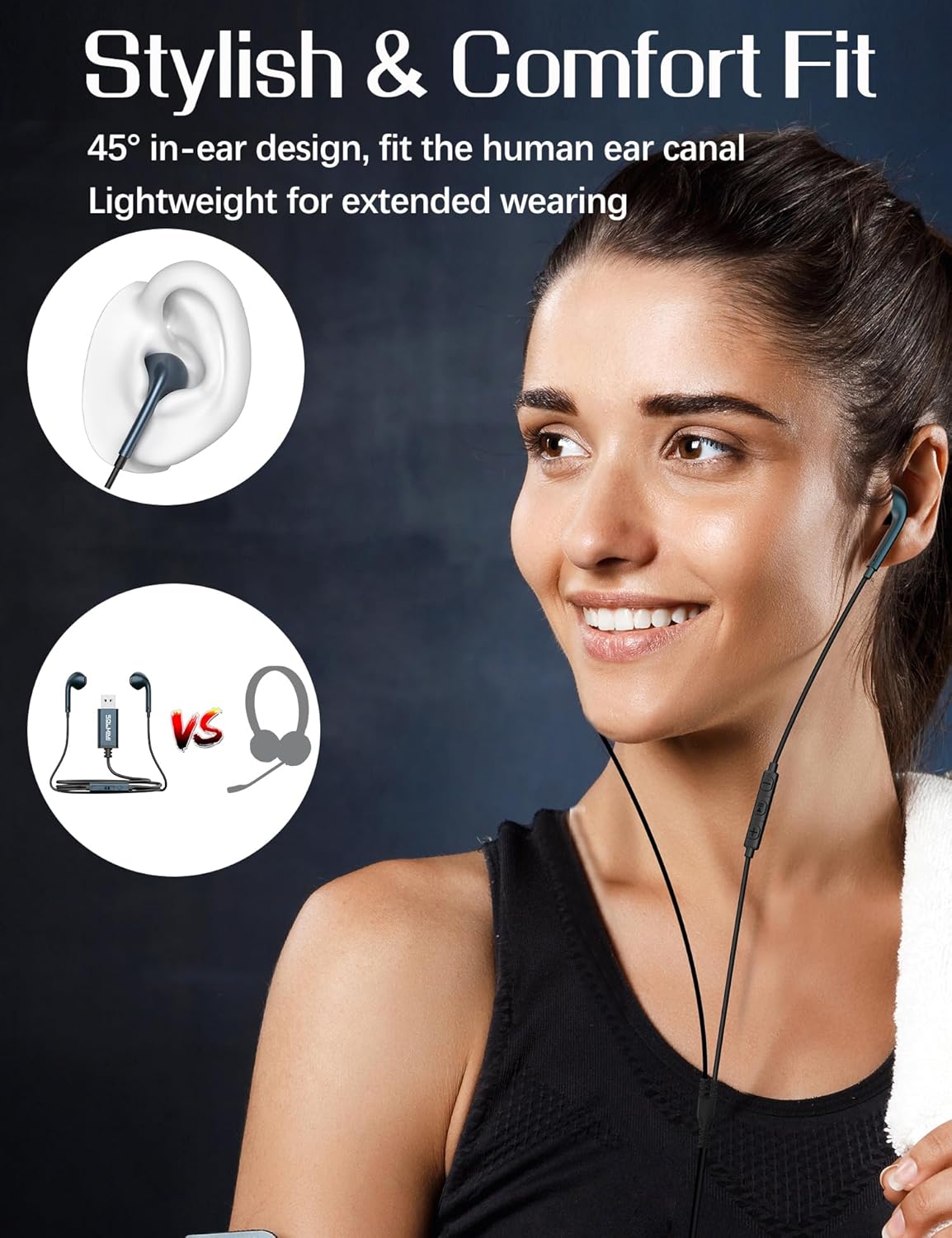 SOLMIMI Paquete de auriculares con cable USB con micrófono + adapta...