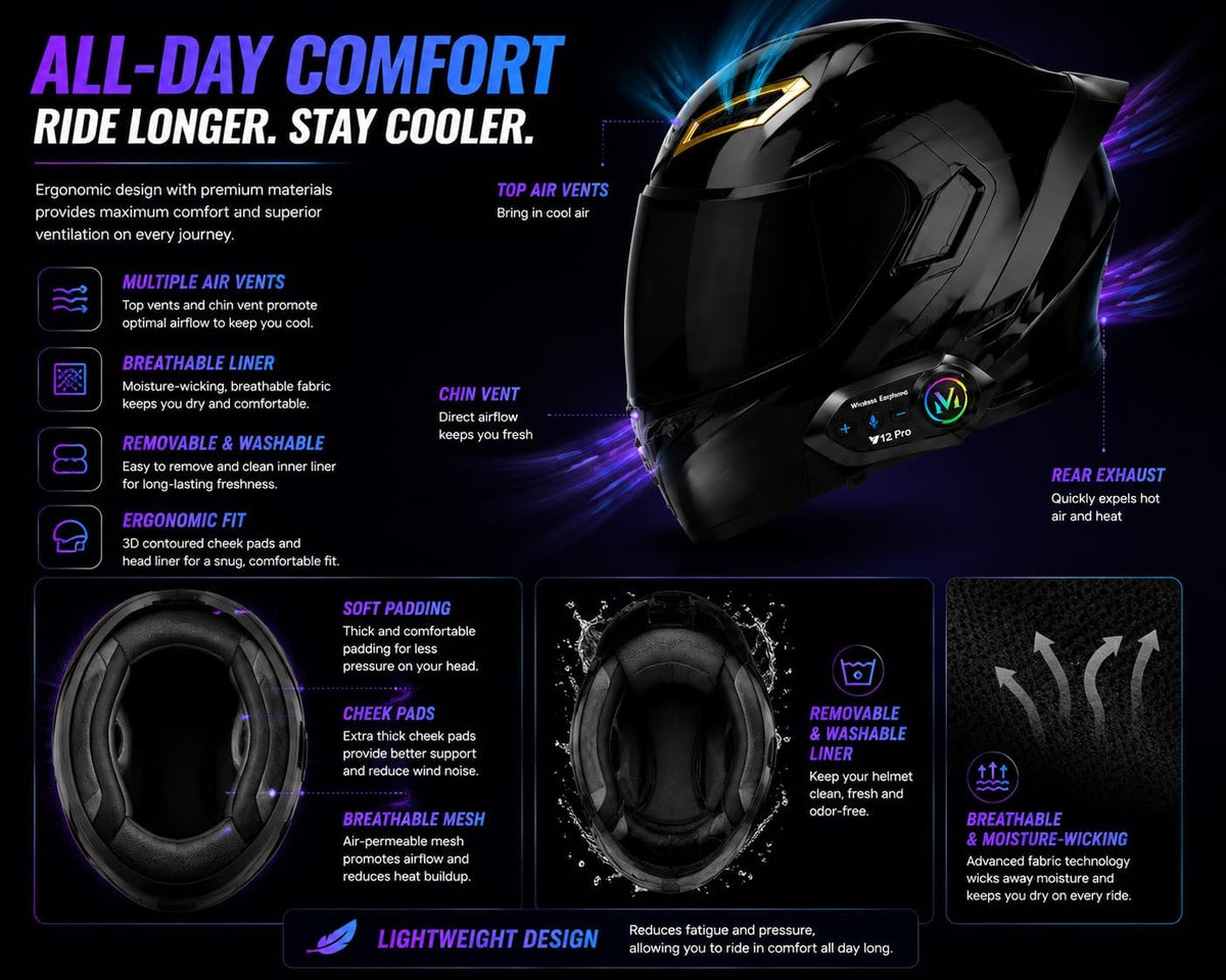 Casco de motocicleta Bluetooth con altavoces y micrófono integrados...
