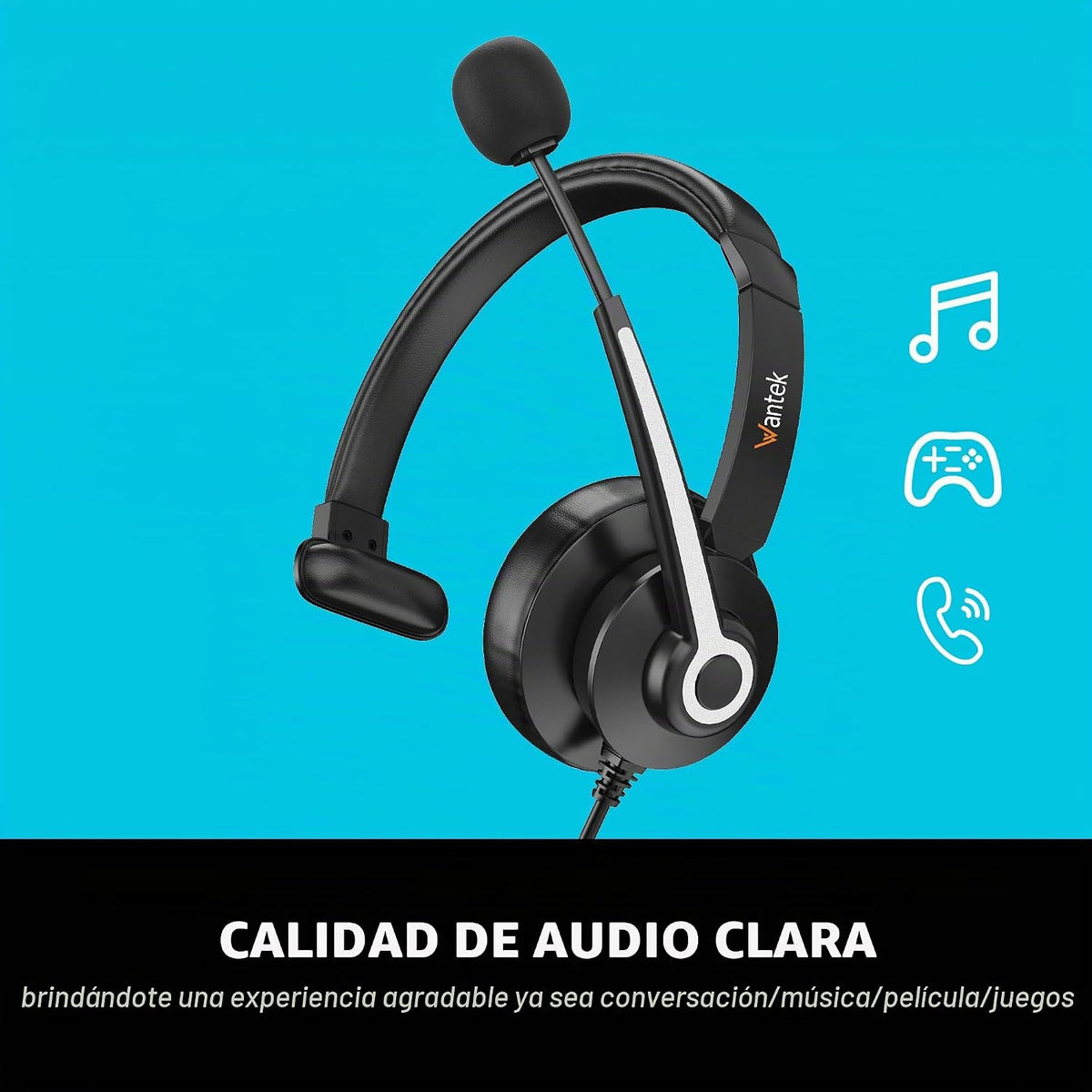 Wantek Auriculares USB y de 0.138 in con micrófono para PC\/portáti...