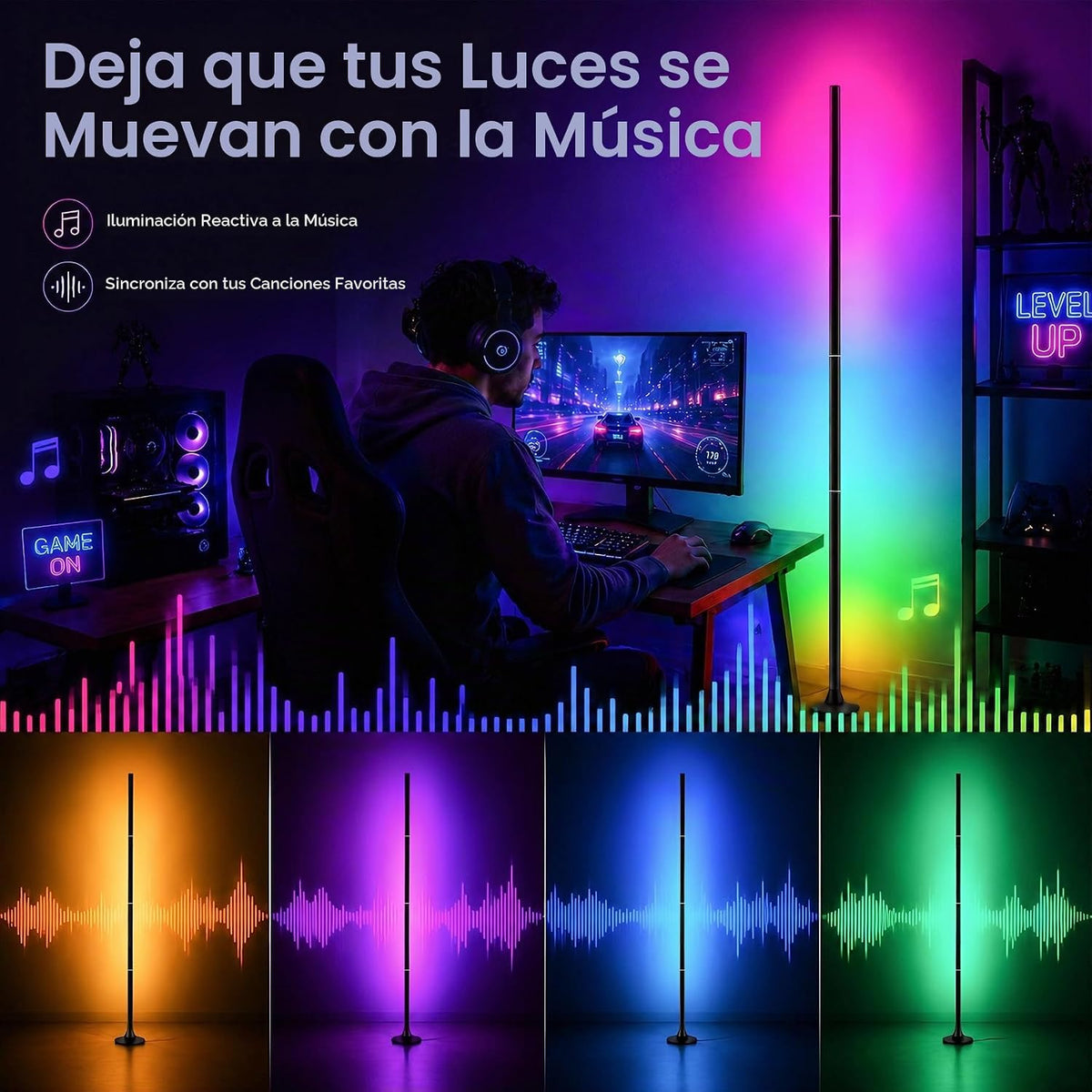 Lámpara de pie de esquina, luz ambiental inteligente para sala de j...
