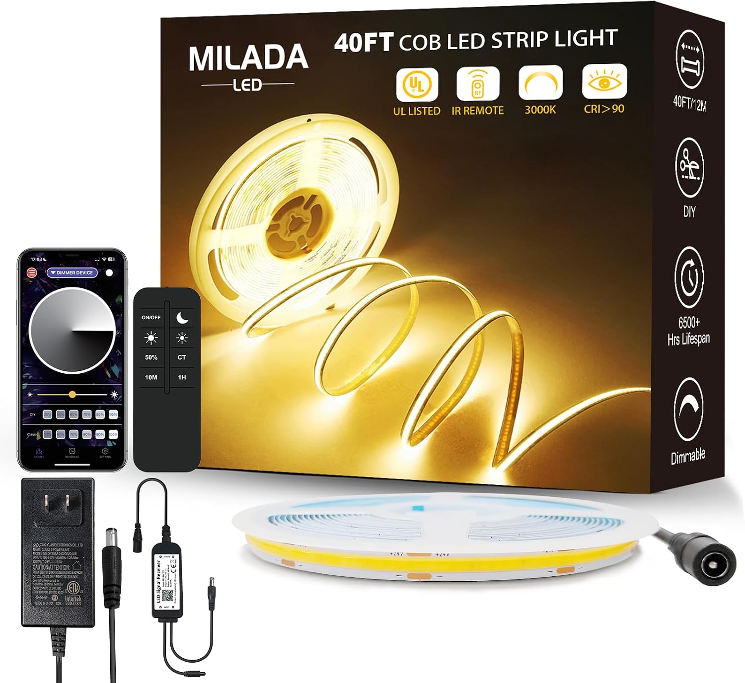 MILADALED COB LED Tira de luz 3000K 40FT\/12M Tira de LED blanco cá...