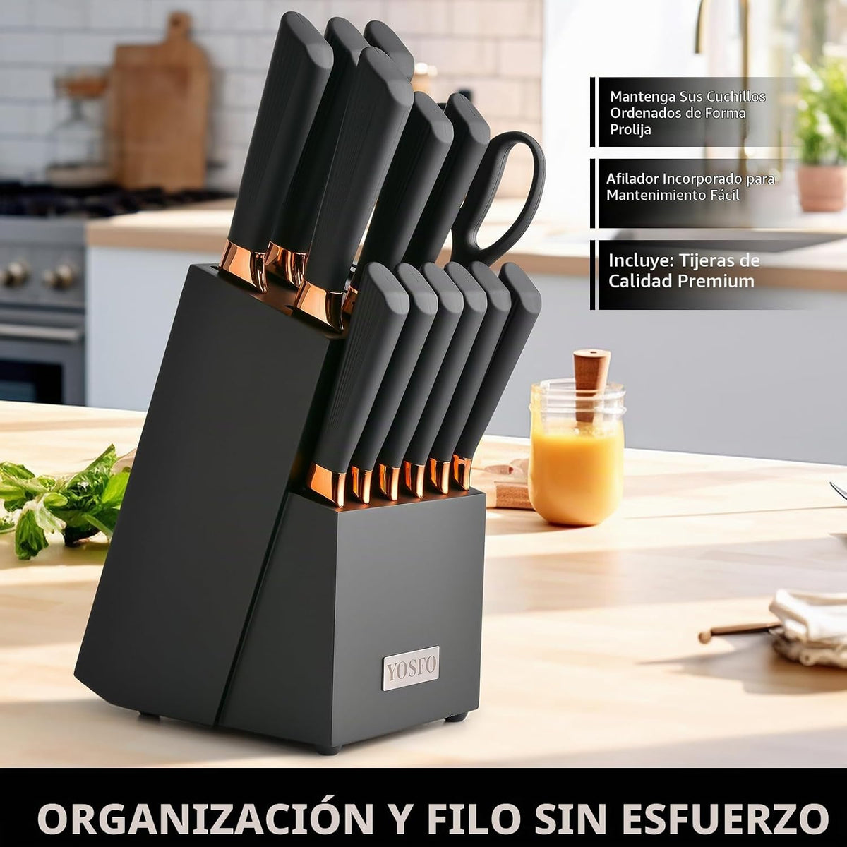 YOSFO - Juego de cuchillos de cocina, 15 piezas con bloque y afilad...