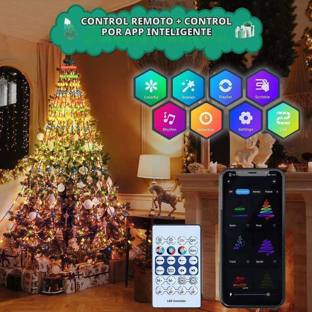 Cadena de luces para árbol de Navidad con anillo, control remoto in...