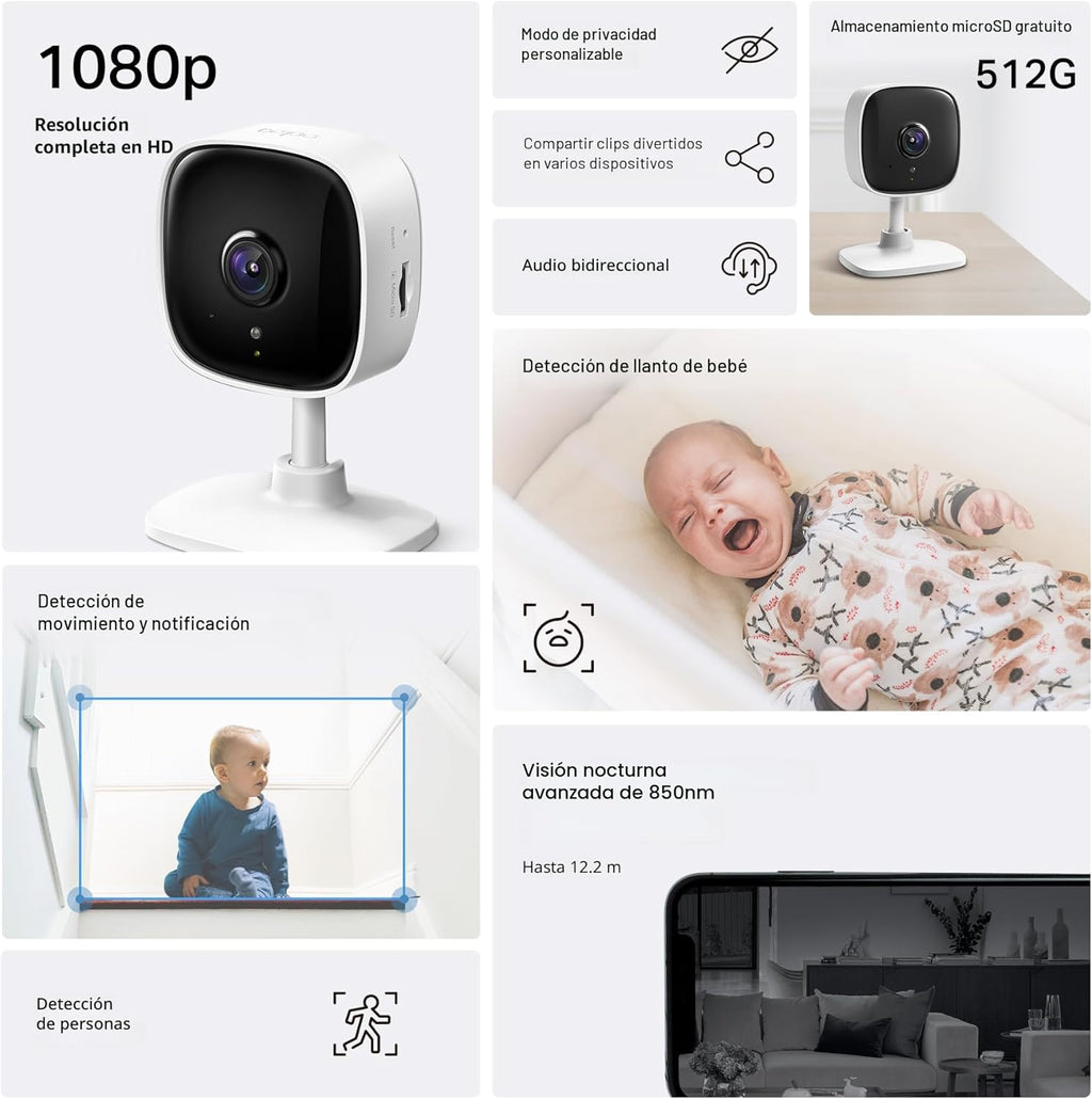 Tapo Cámara de seguridad interior 1080P para monitor de bebé, cámar...