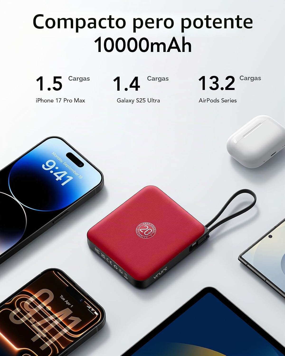 VRURC 10000mAh Cargador portátil Banco de energía Cables incorporad...