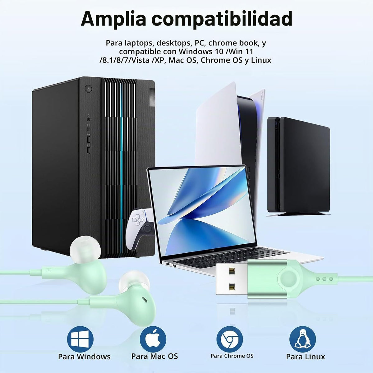 AIAUXAI Auriculares USB con micrófono para PC portátil, auriculares...