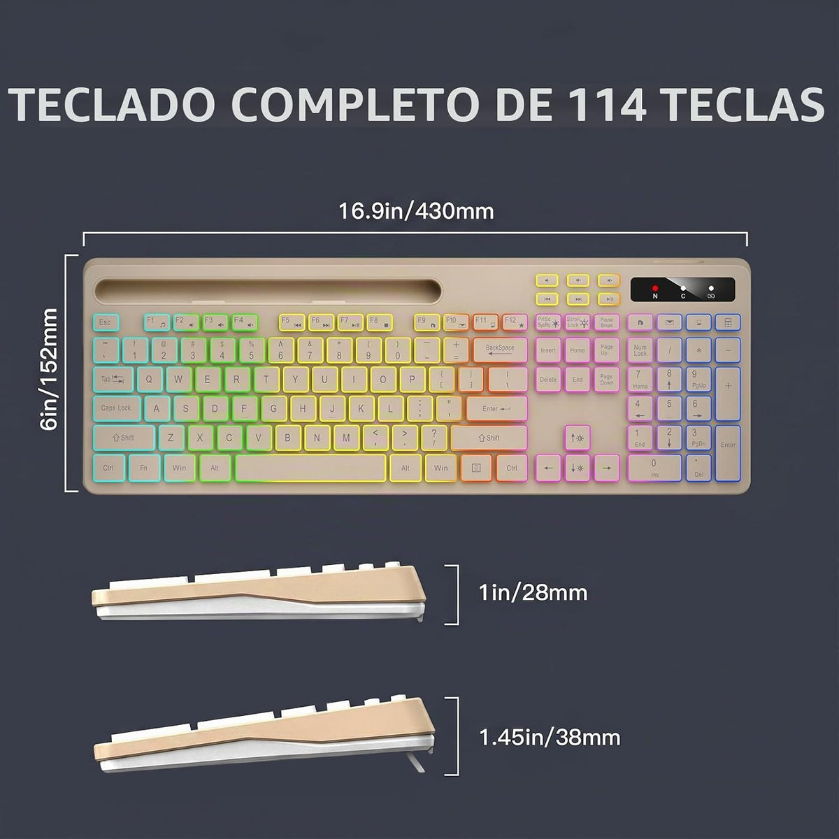 Soueto Teclado inalámbrico con retroiluminación RGB de 7 colores, t...