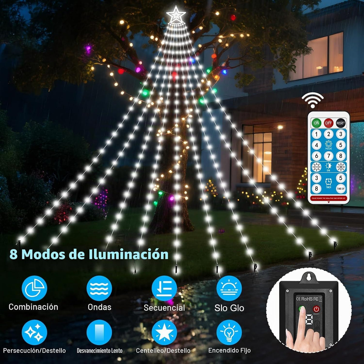 Luces solares para árbol de Navidad al aire libre, 532 LED de 18.37...