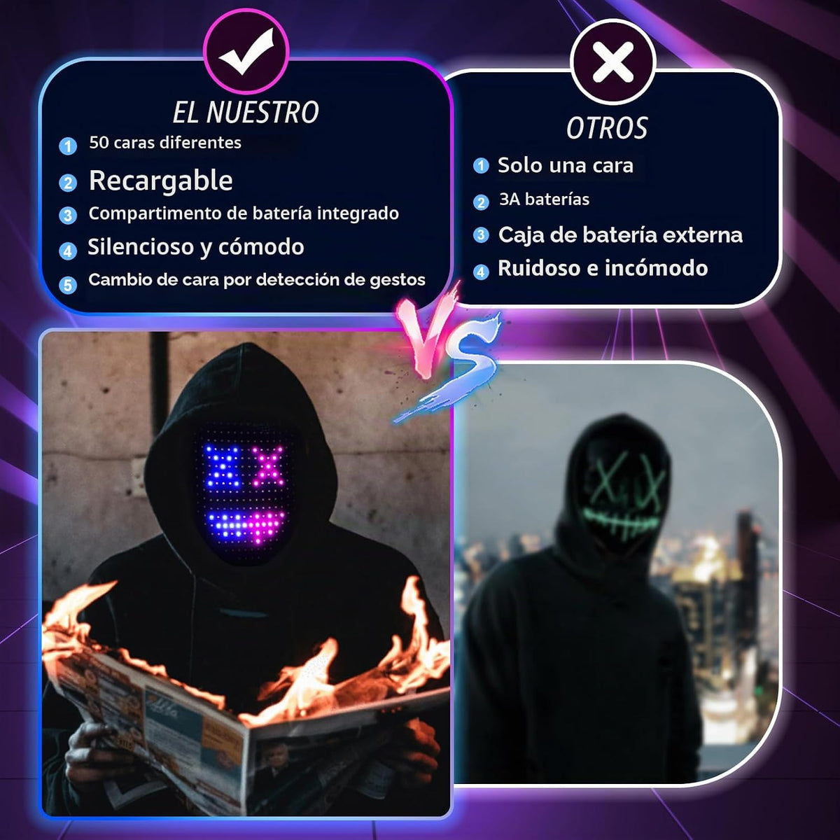 Máscara LED de disfraz de Halloween con detección de gestos, juguet...