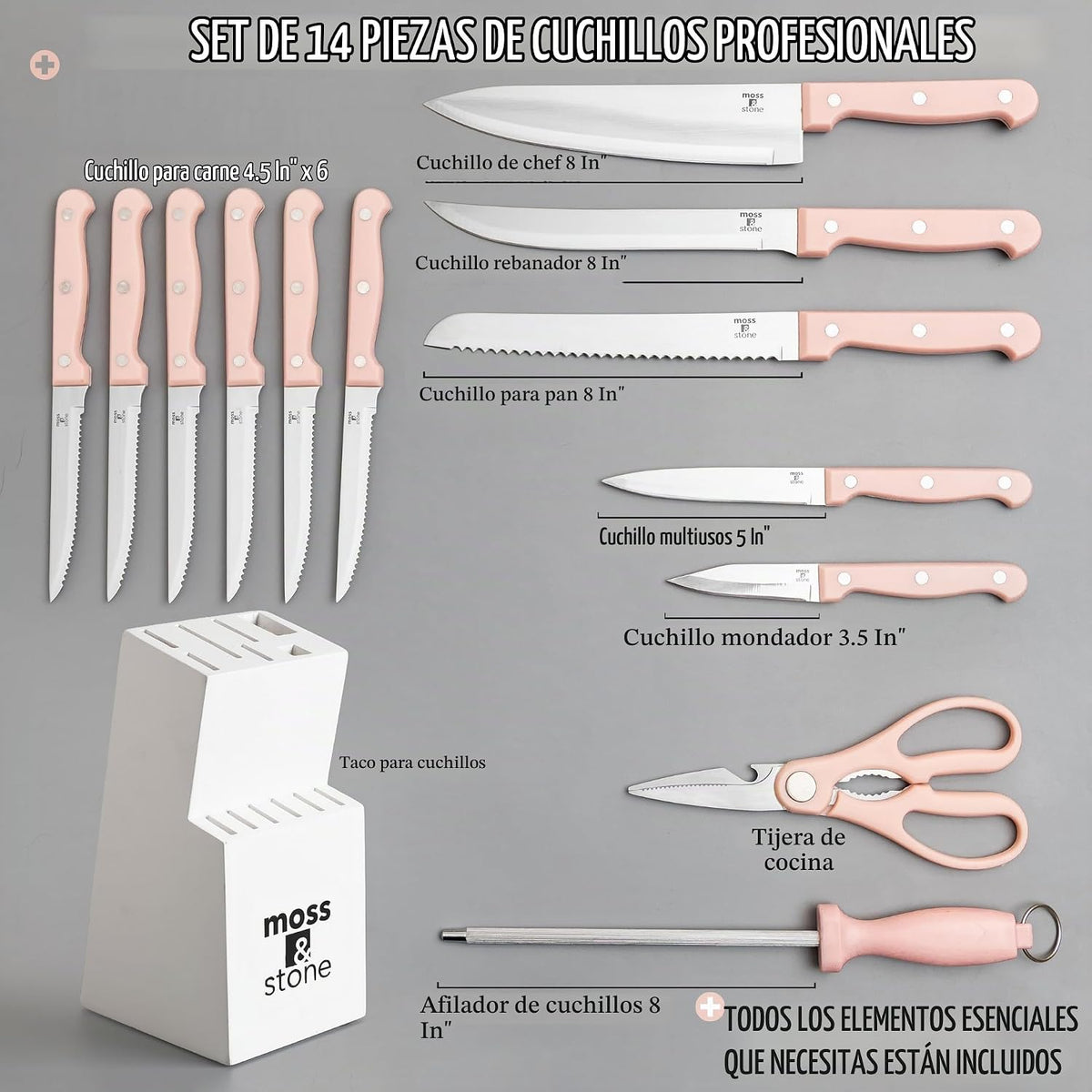 Moss &amp; Stone Pink - Juego de cuchillos de cocina de 14 piezas c...