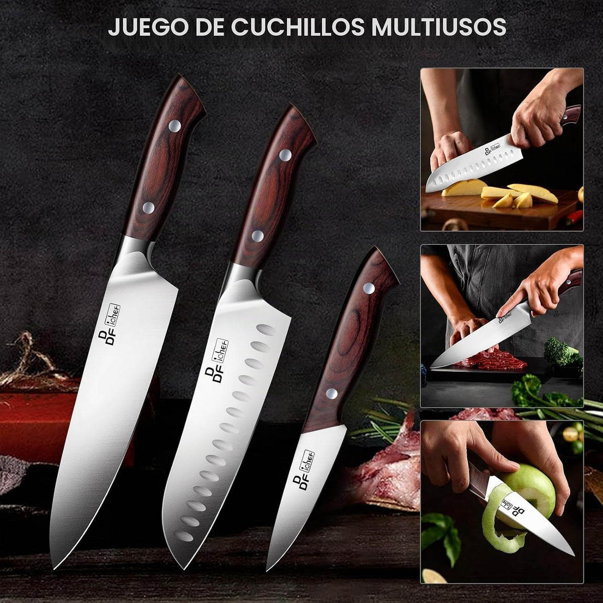 DDF iohEF Juego de cuchillos de cocina afilados de 3 piezas, juego...