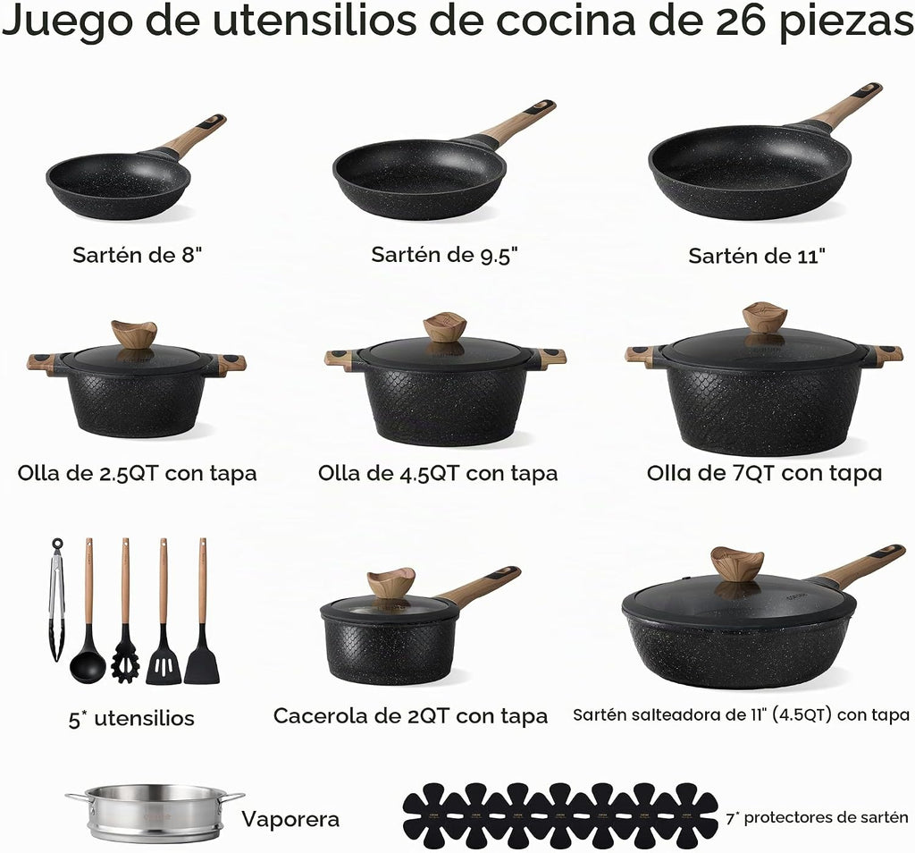 CAROTE Juego de 26 piezas de ollas y sartenes antiadherentes, juego...