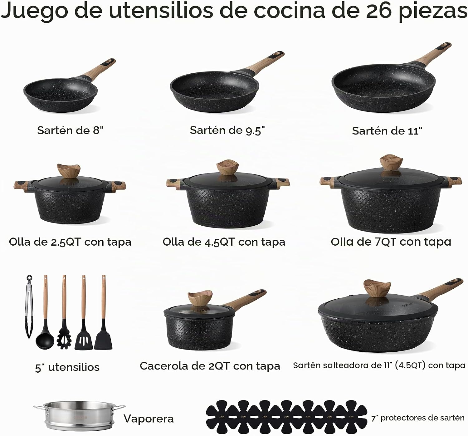 CAROTE Juego de 26 piezas de ollas y sartenes antiadherentes, juego...