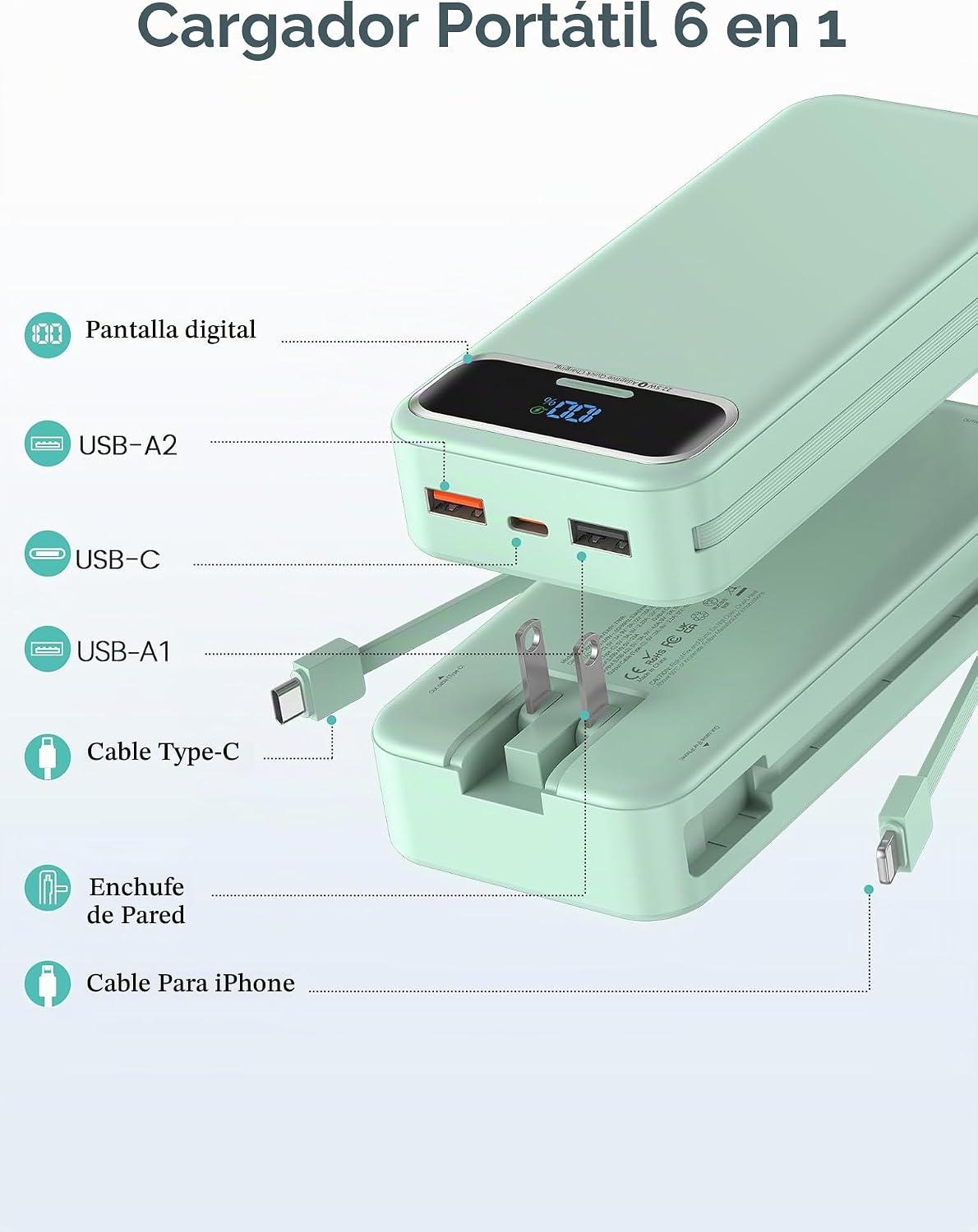 aonidi - Cargador portátil de 20000 mAh con cables integrados y enc...