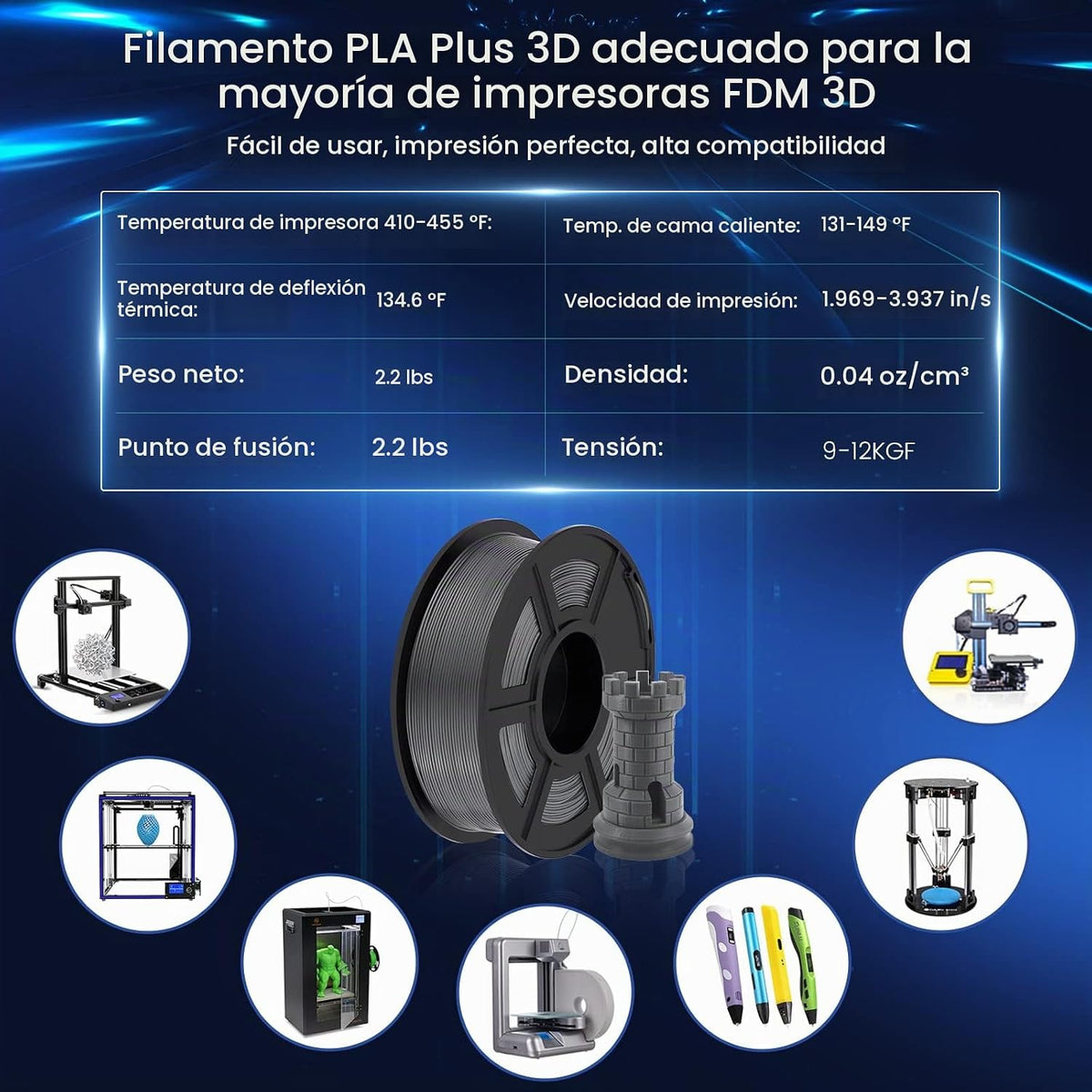 SUNLU Filamento PLA Plus para impresora 3D de 0.07 in, 4.4 lbs, gri...