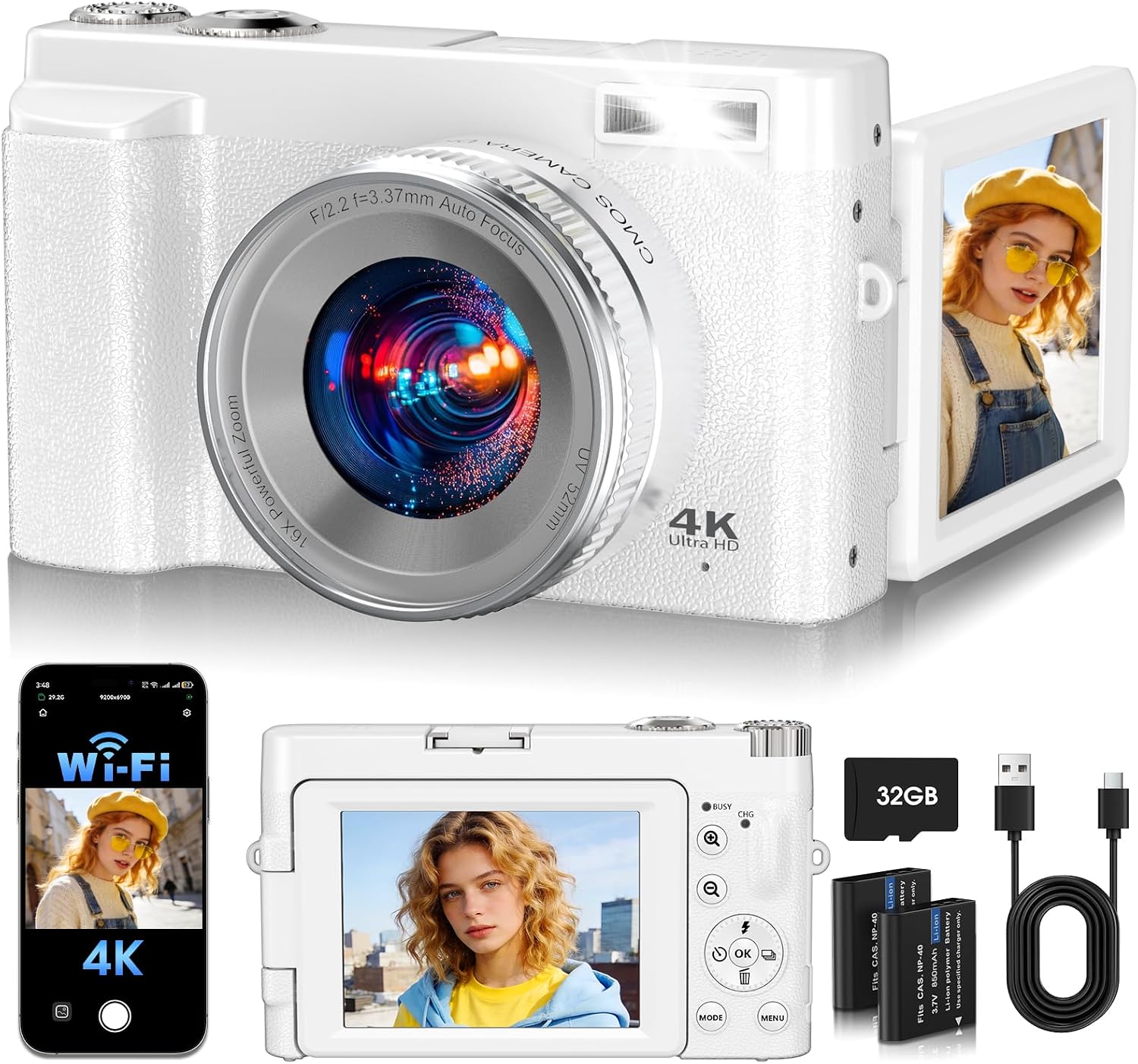 Cámara digital de 64MP mejorada 2026 4K WiFi 180° con pantalla abat...