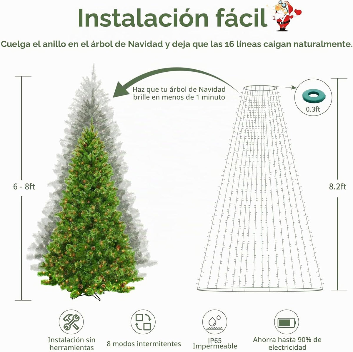 VIL Luces para árbol de Navidad con anillo, 8.2 pies, 16 líneas, 44...