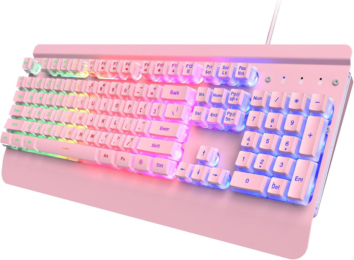 Dacoity Teclado rosa cremoso, panel totalmente metálico de 104 tecl...