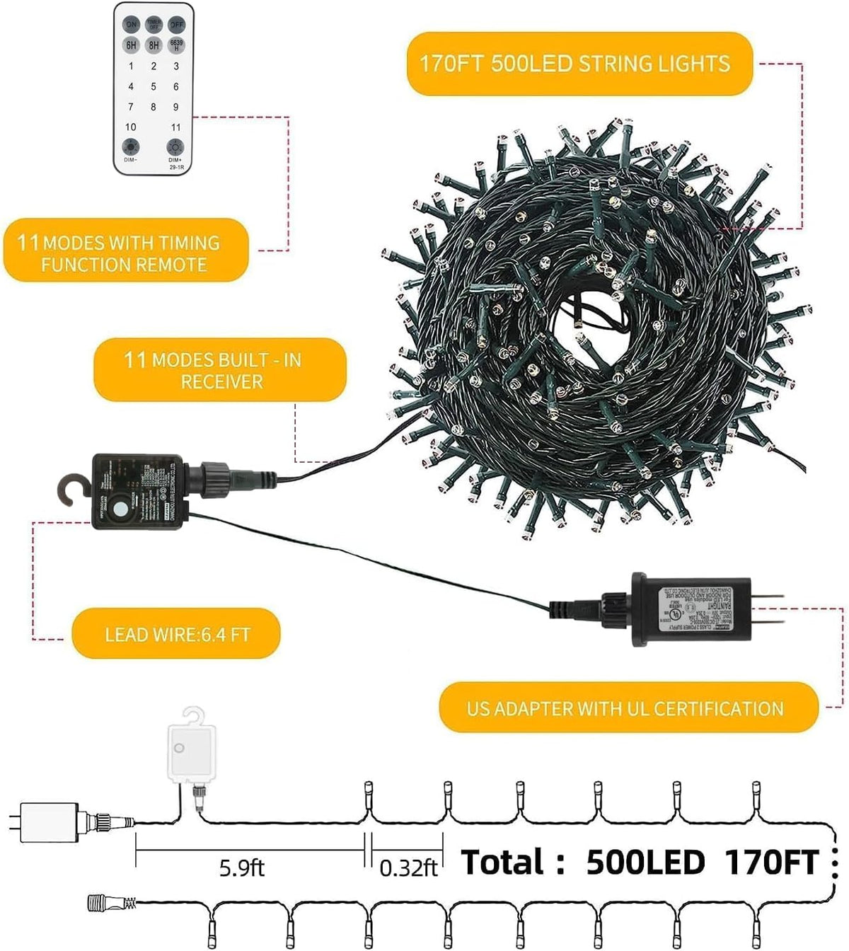 VTECHOLOGY - 500 luces LED de color blanco cálido a multicolor para...
