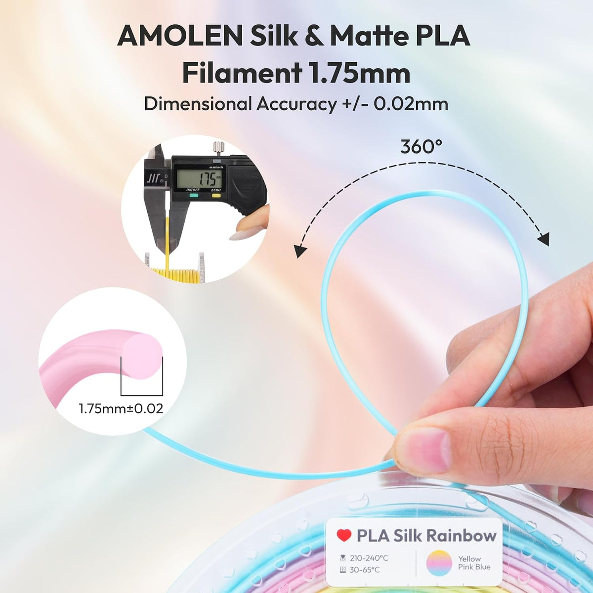 AMOLEN Filamento PLA para impresora 3D de arcoíris sedoso y mate de...