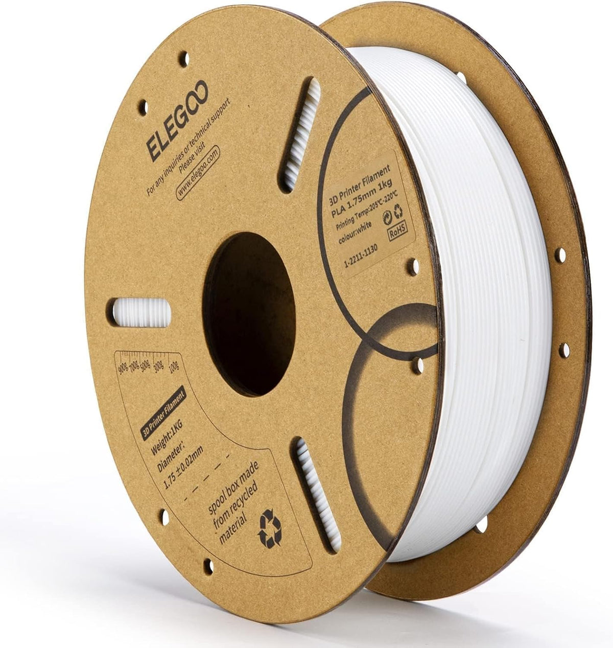 ELEGOO - Filamento PLA 1.75mm Blanco 1KG, Filamento para Impresora...