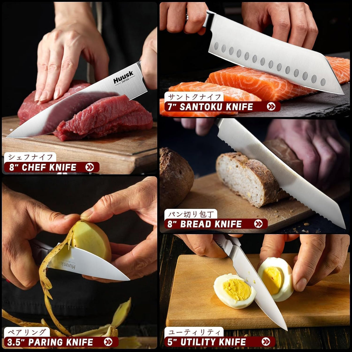 Huusk - Juego de cuchillos de cocina con bloque y afilador integrad...