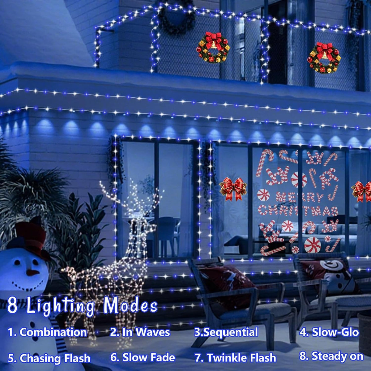 QITONG 200 luces LED solares de cuerda azul y blanco