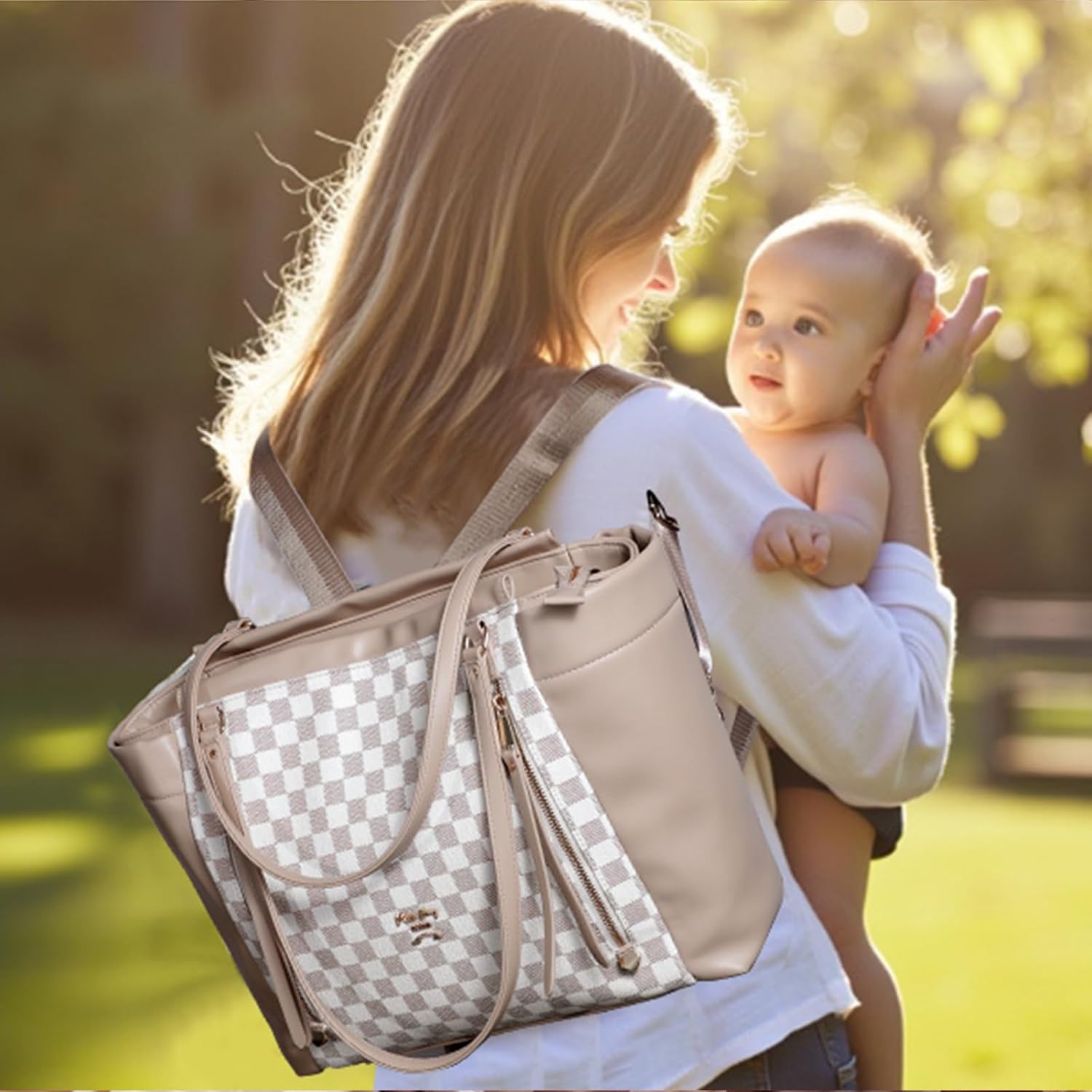 miss fong Bolso de pañales de cuero con diseño a cuadros, mochila g...